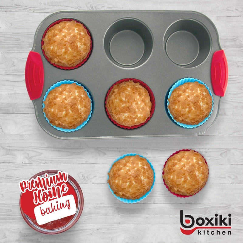 Boxiki Kitchen Non-Stick Steel 6 Cup Muffin Pan with Silicone Handles and Reusable Liners - Perfect for Baking Large Muffins and Cupcakes - Image 2